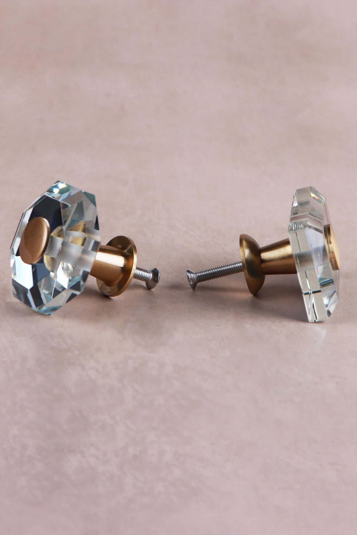 Side view of the octagon and rectangle glass knobs, showing the satin brass bases and fixing screws