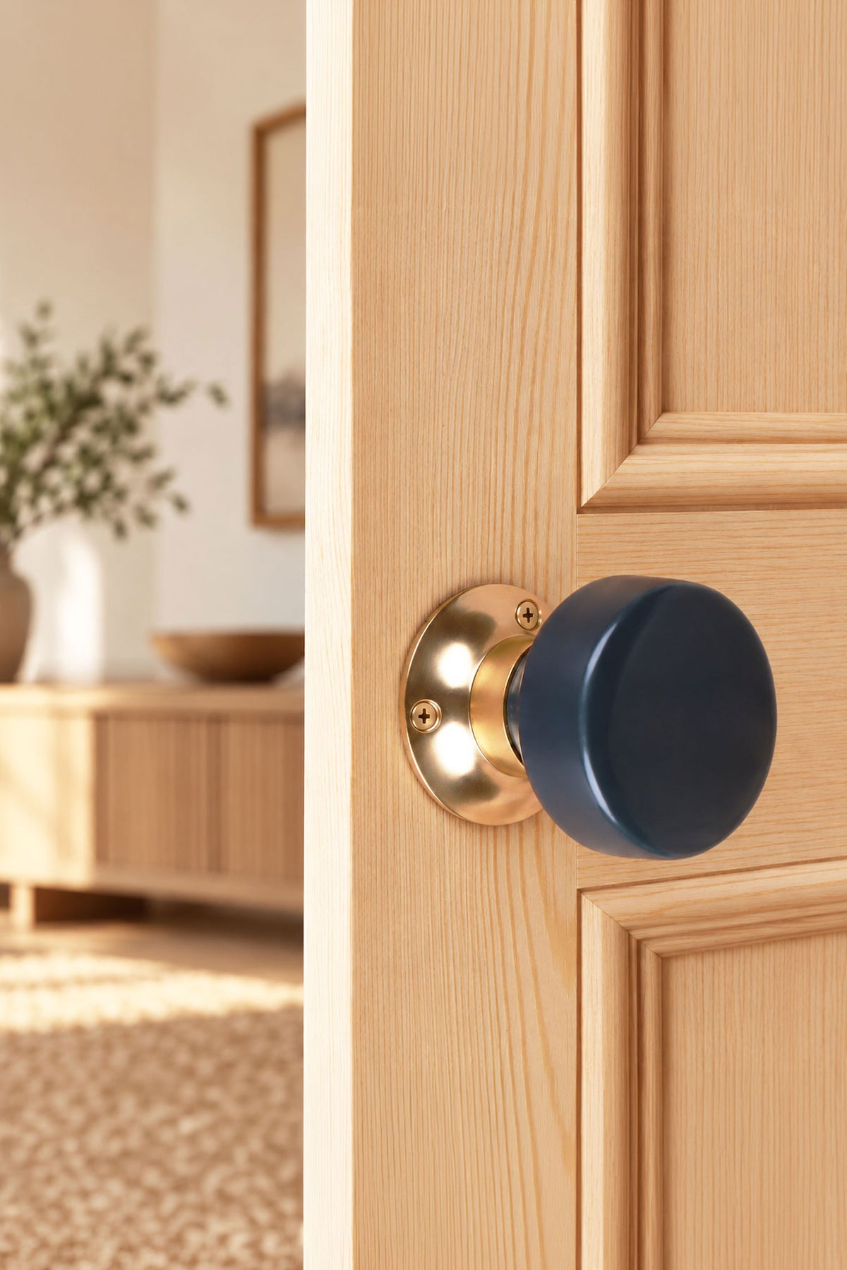Charcoal ceramic door knob on a polished brass rose, fitted to a wooden interior door