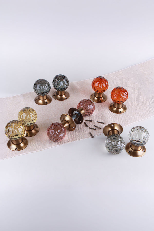 Faceted Glass Mortice Door Knobs with Antique Brass Roses