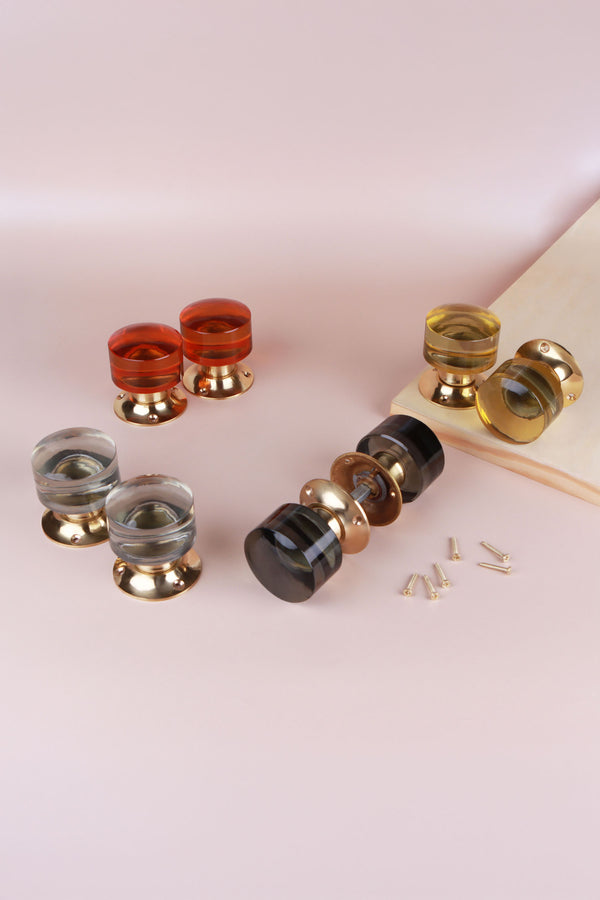 Cylinder Glass Mortice Door Knobs with Polished Brass Roses