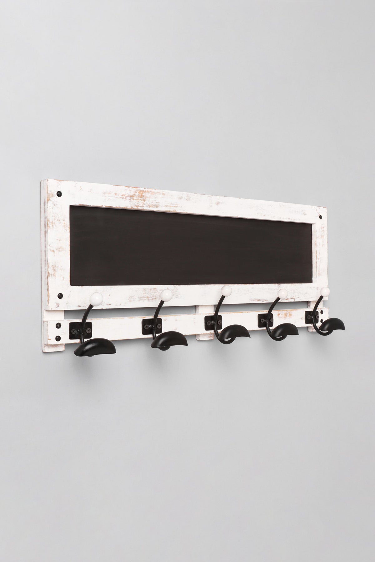 Black and white wooden wall coat hook rack with chalkboard panel