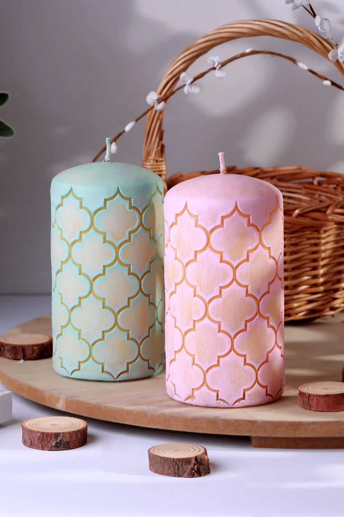 Moroccan Kanz Pressed Brass Lattice Pillar Candle in Blush Pink or Mint Green — G Decor