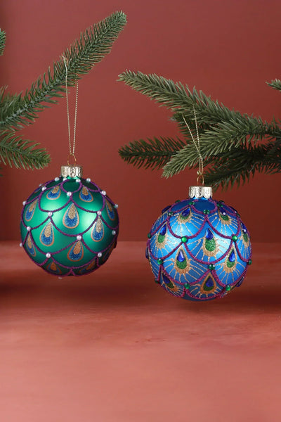 Hand-Painted Peacock Tail Glass Bauble — Emerald or Royal Blue