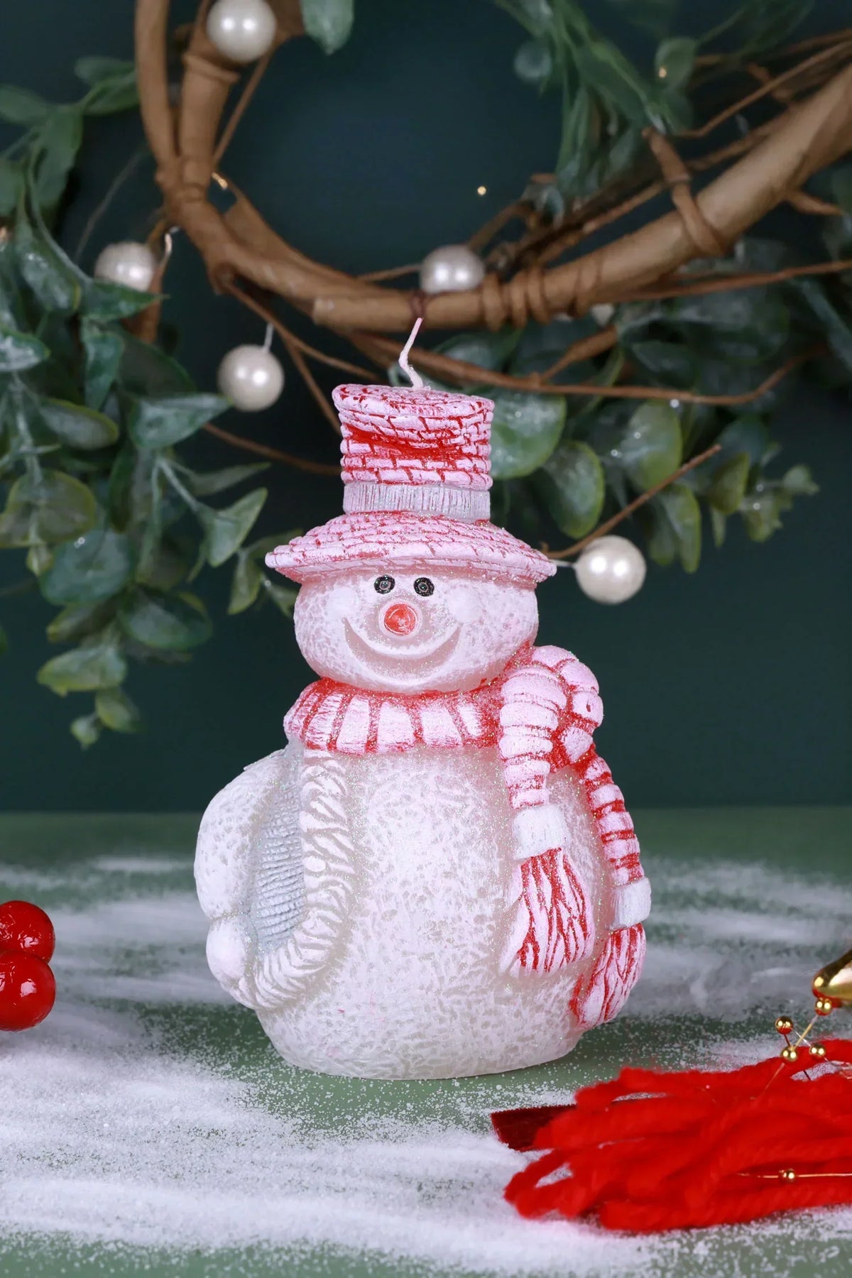 Happy Snowman Christmas Candle with Red Hat and Scarf — G Decor
