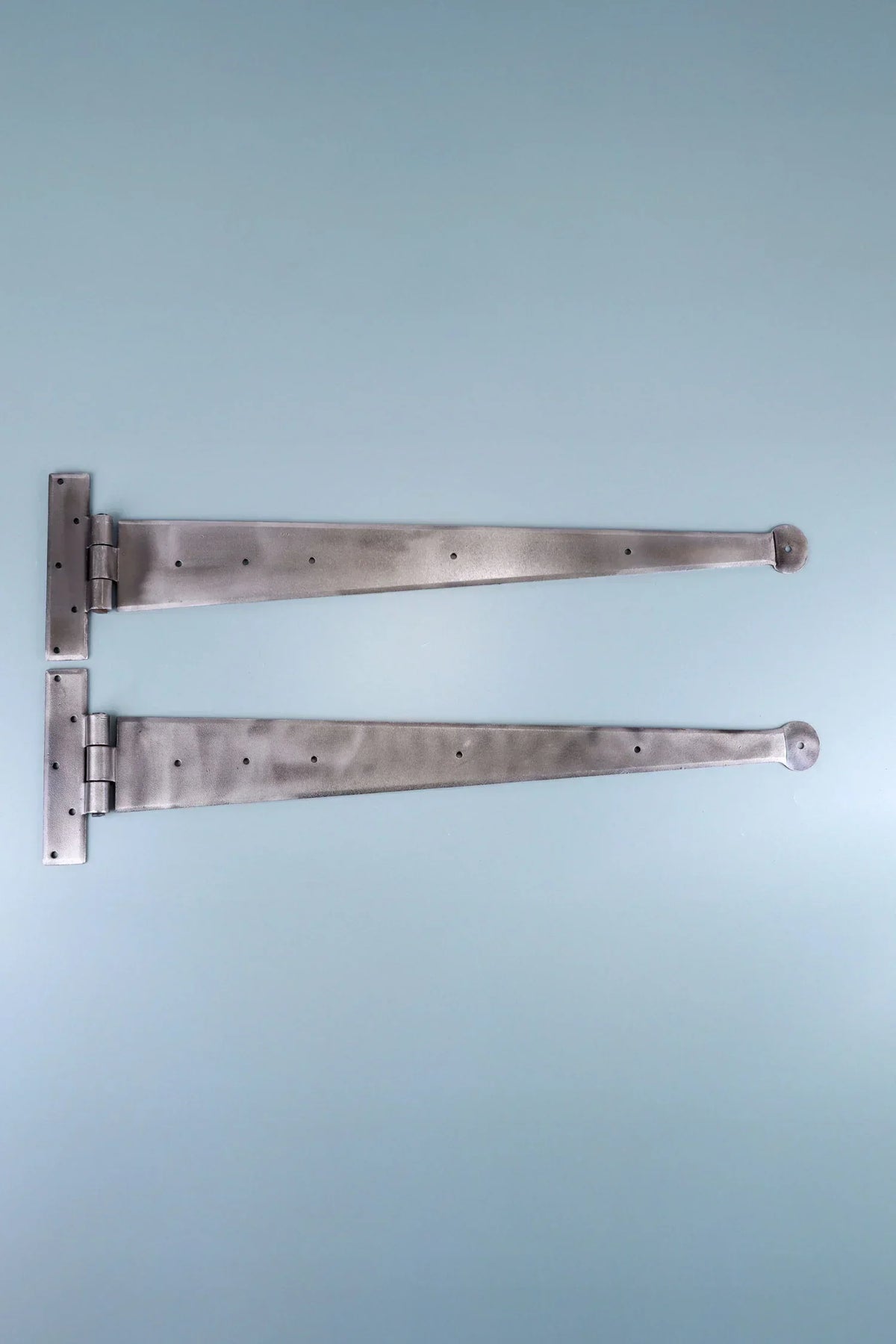 24″ Pair of Hand-Forged Coinbase T Hinges in Pewter Finish — close-up view, G Decor