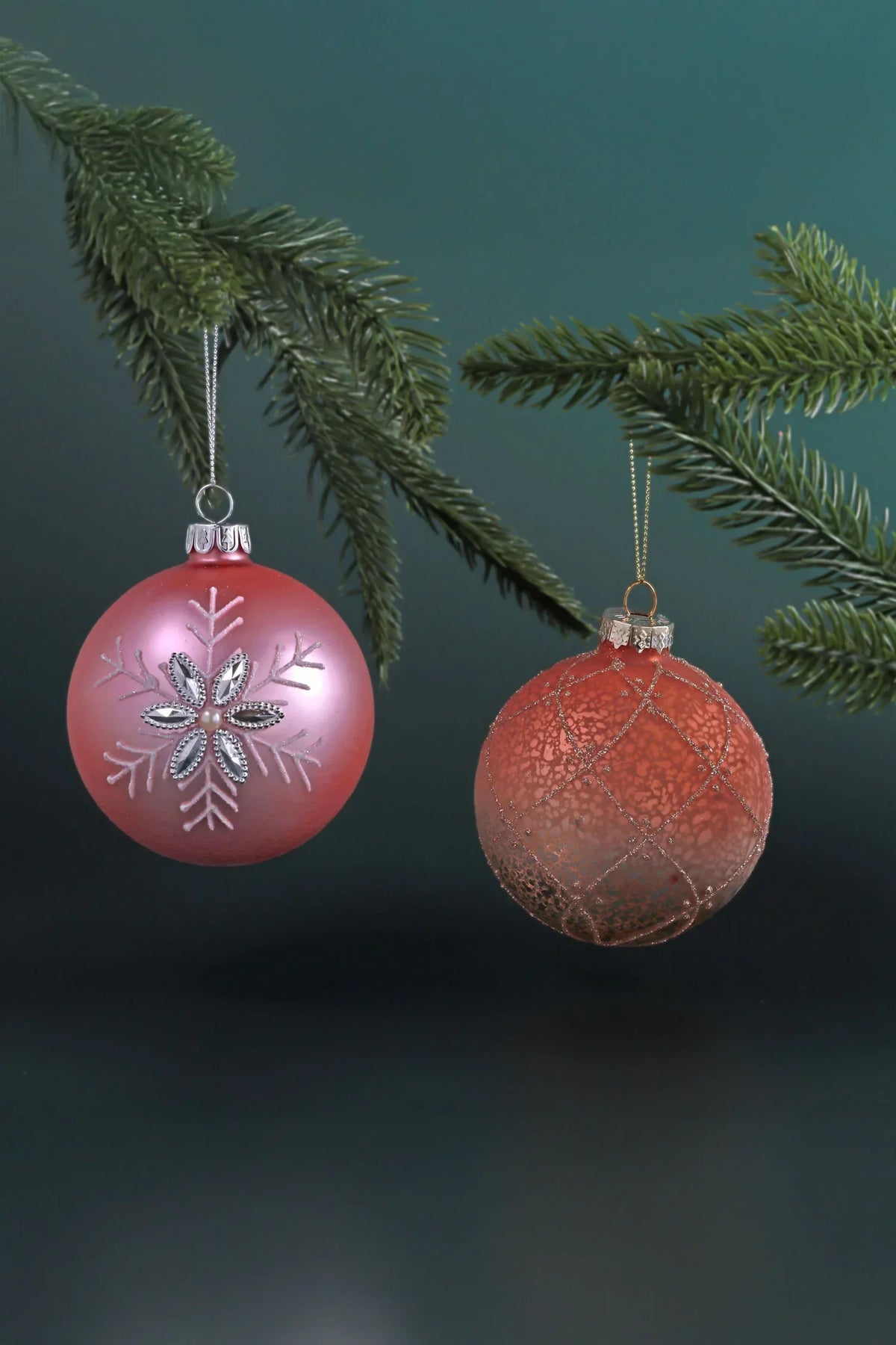 Blush Snowflake and Pink Silver Ombré Glass Christmas Tree Baubles — G Decor