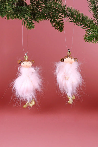 Pink Fluff Royal Princess Hand-Painted Christmas Ornaments — Pair