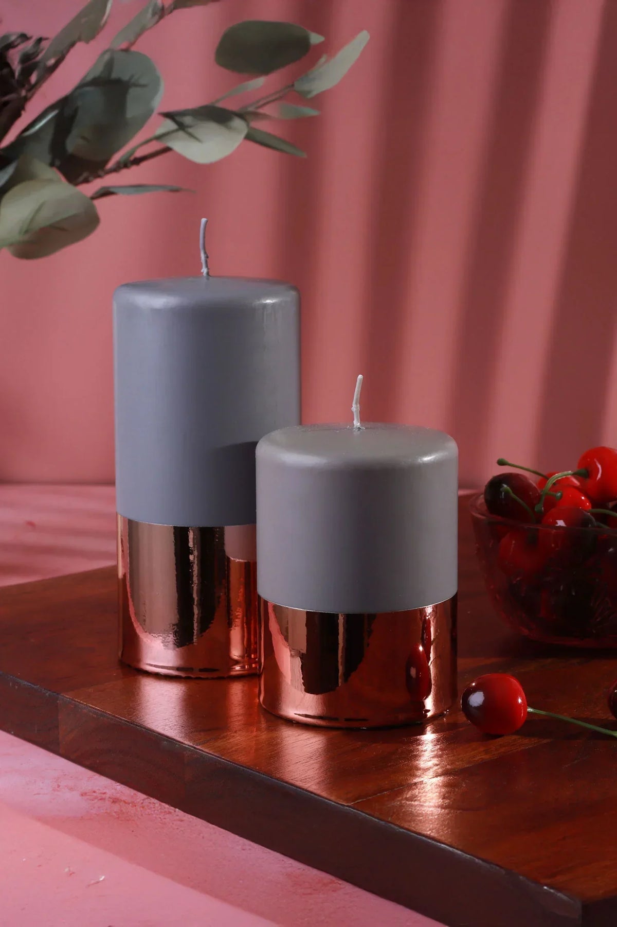 Ceraven Glass-Effect Pillar Candle in Grey and Brushed Copper — G Decor