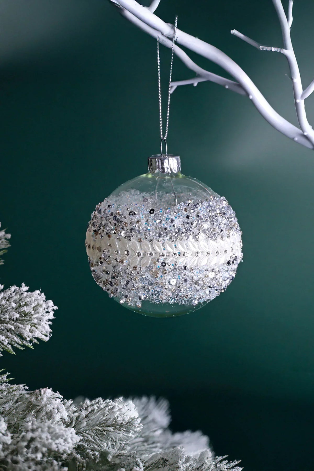 Ice Clear Hand-Embellished Glass Pearl Bauble with White Silver Beads — alternate view, G Decor