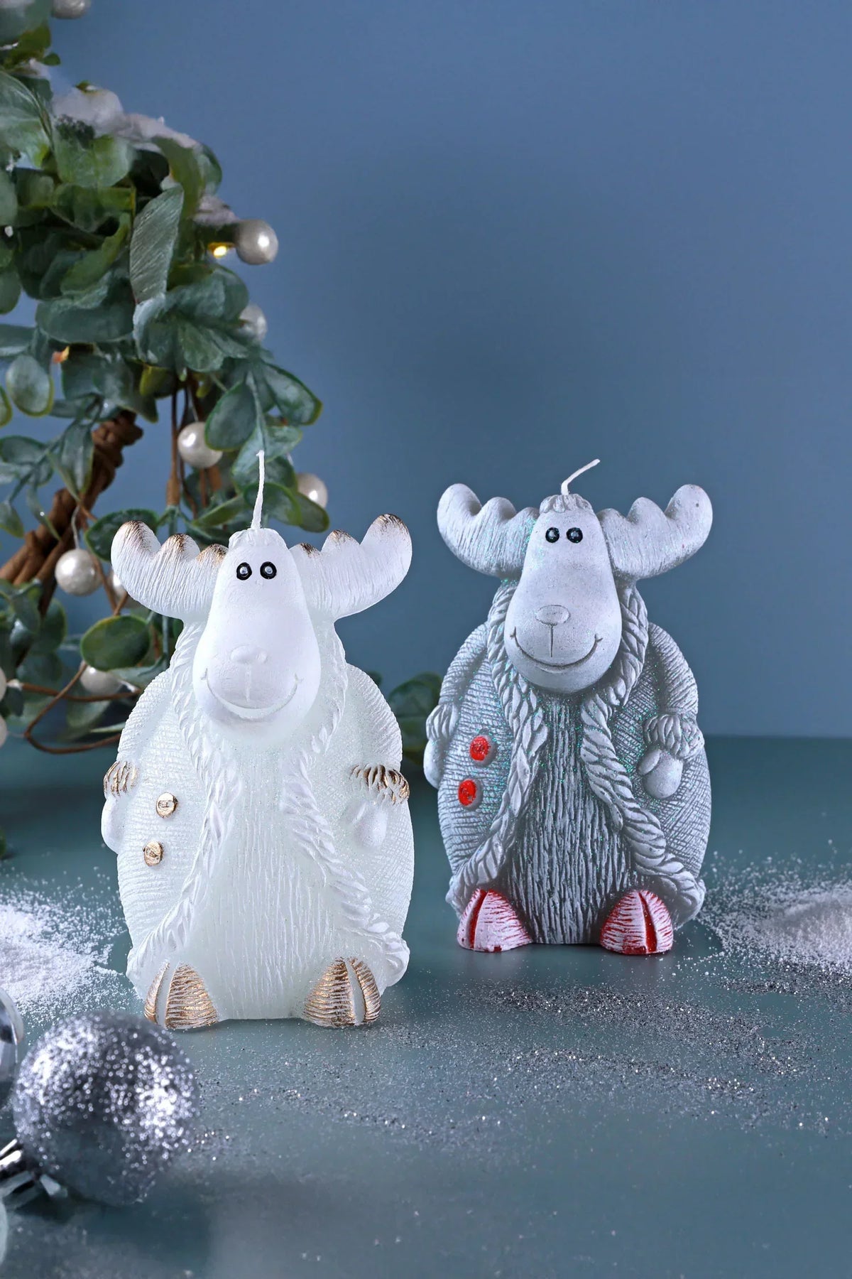 Frosted Reindeer Hand-Finished Wax Candle Figures in White or Grey — G Decor