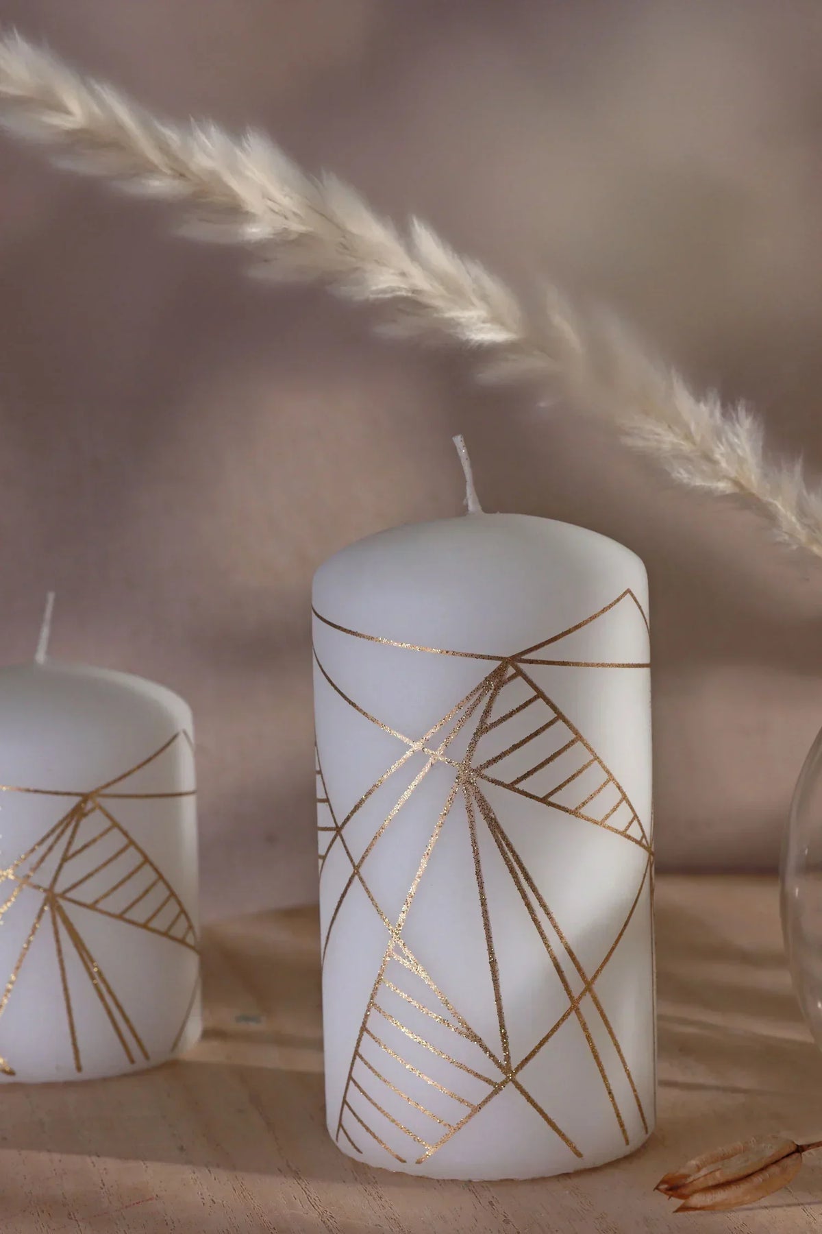 Modern White Pillar Candle with Gold Line Detail — lifestyle view, G Decor