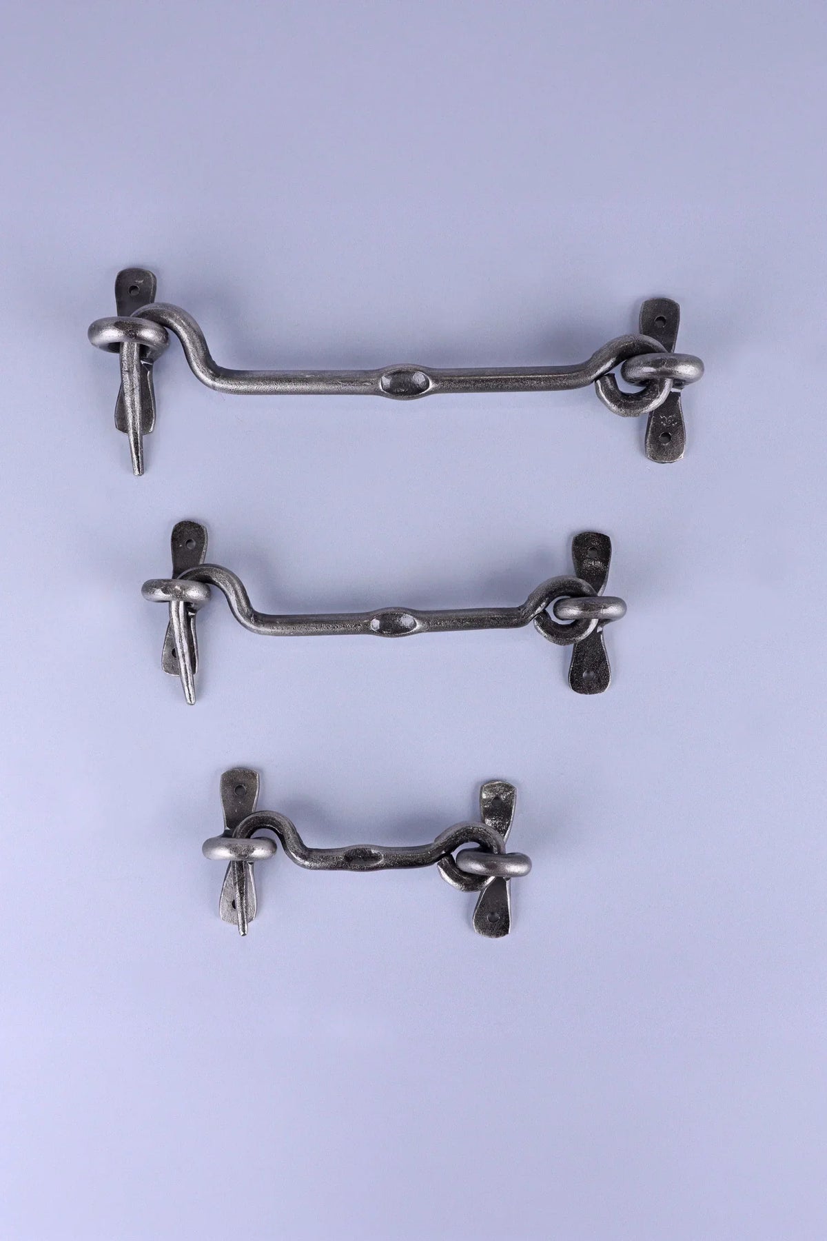 Hand-Forged Hook and Eye Cabin Fastener, Pewter — close-up view, G Decor