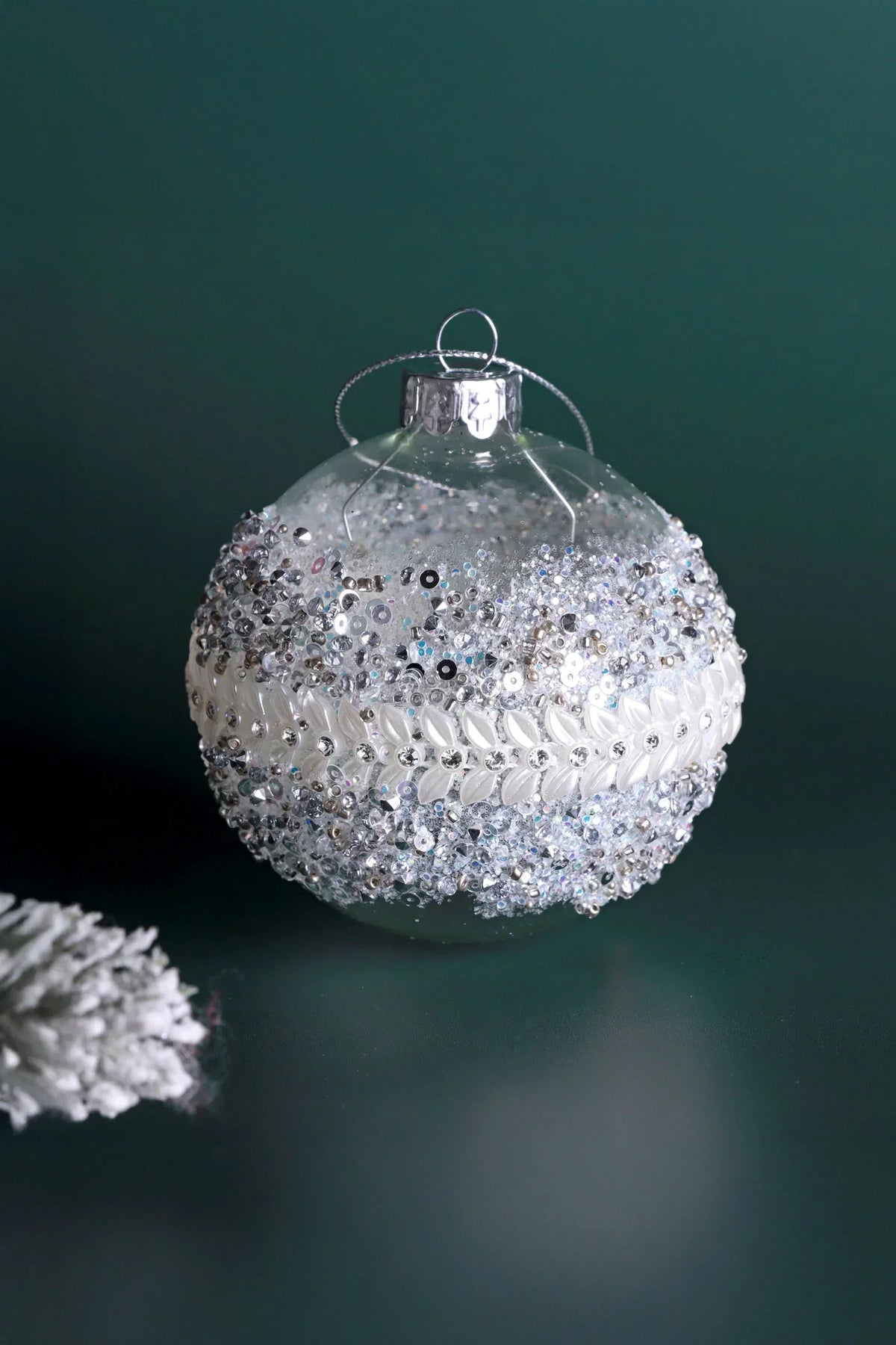 Ice Clear Hand-Embellished Glass Pearl Bauble with White Silver Beads — close-up view, G Decor