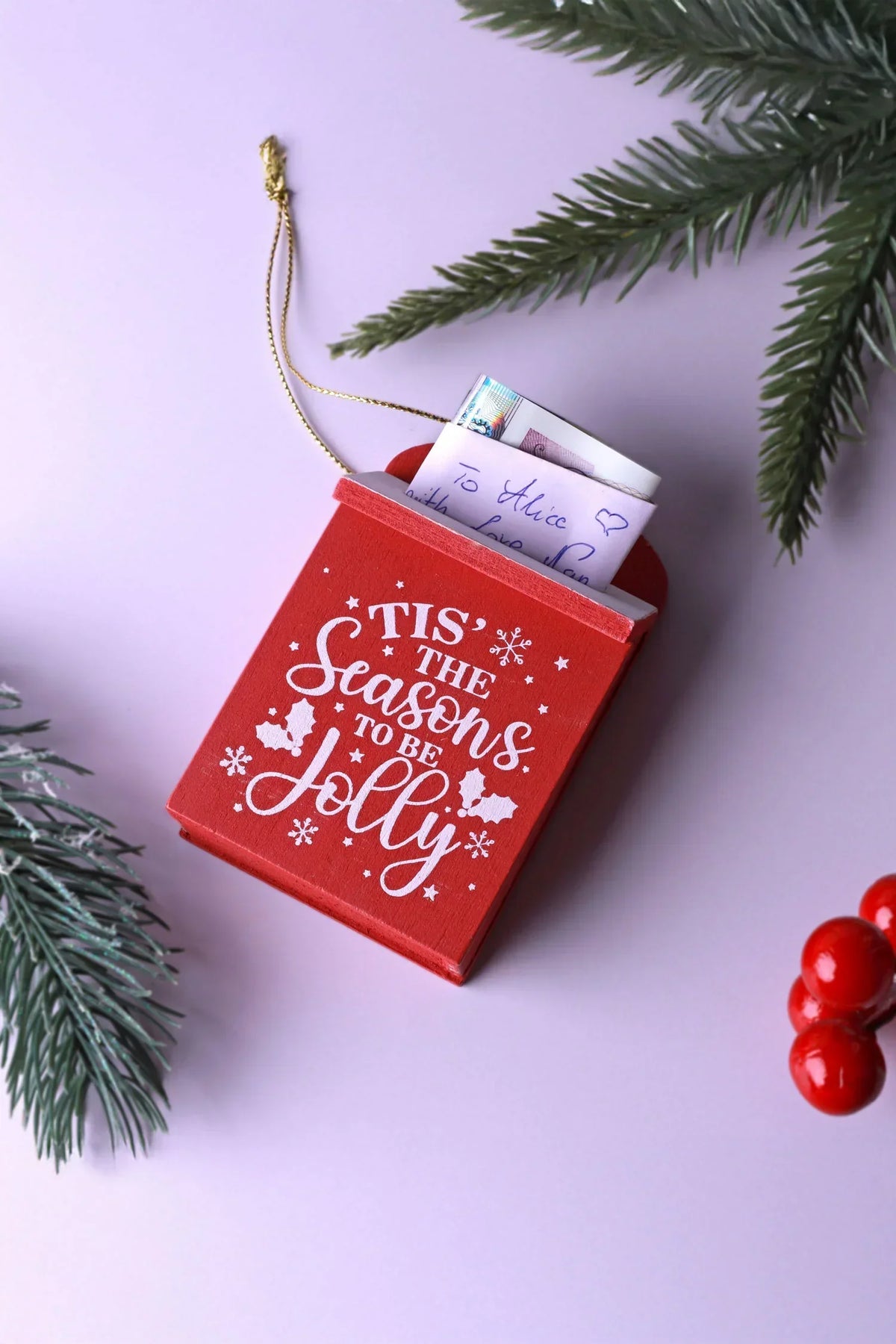 Wooden Post Box Christmas Secret Note Holder Tree Decoration — close-up view, G Decor