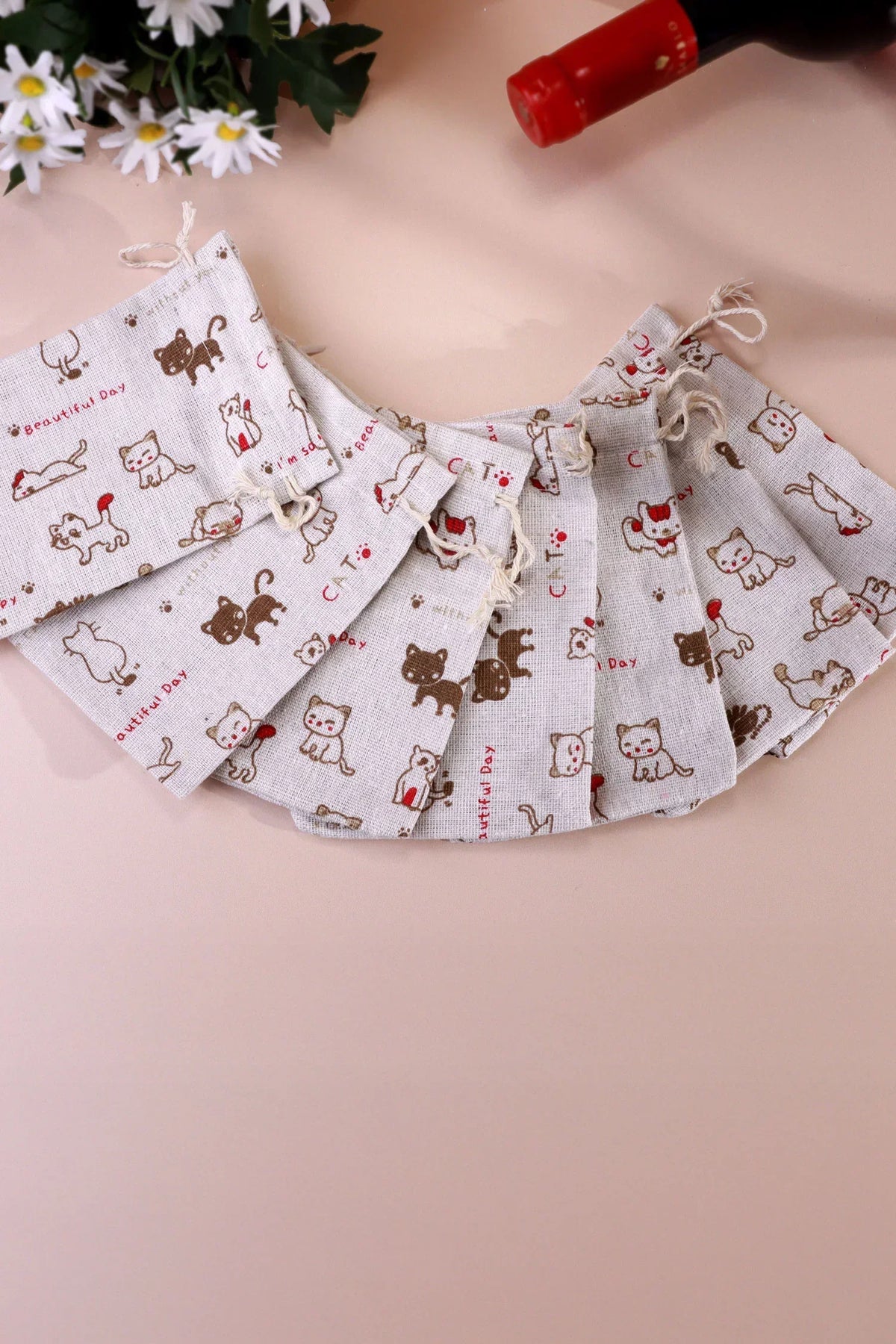 Set of 2 or 4 Whisker Mischief Linen Gift Bag Pouches — close-up view, G Decor