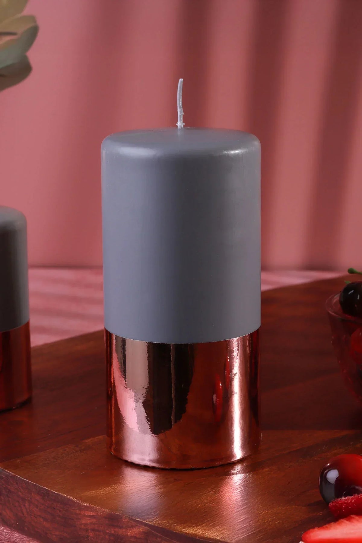 Ceraven Glass-Effect Pillar Candle in Grey and Brushed Copper — close-up view, G Decor