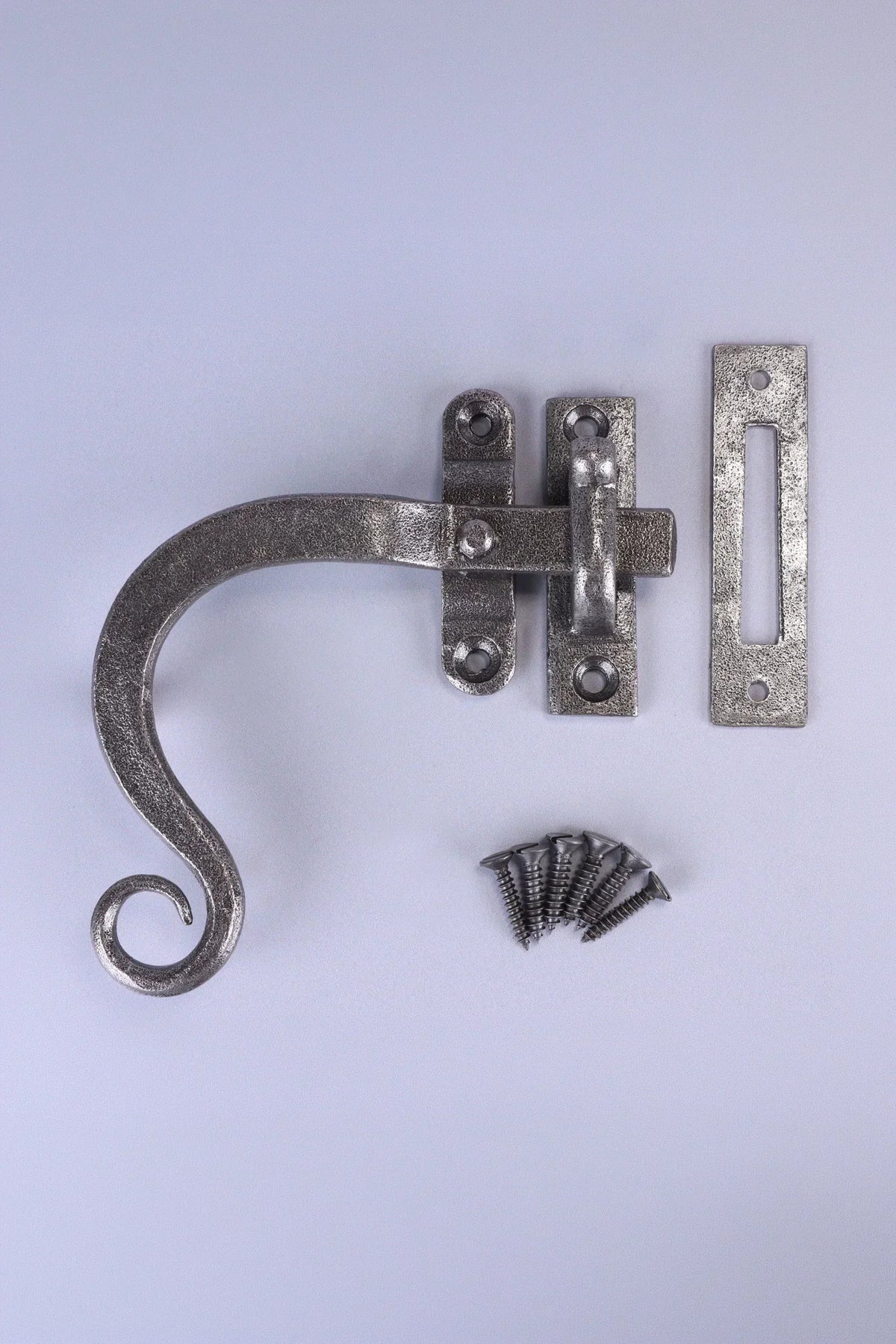 Hand-Forged Monkey Tail Window Fastener, Pewter — close-up view, G Decor
