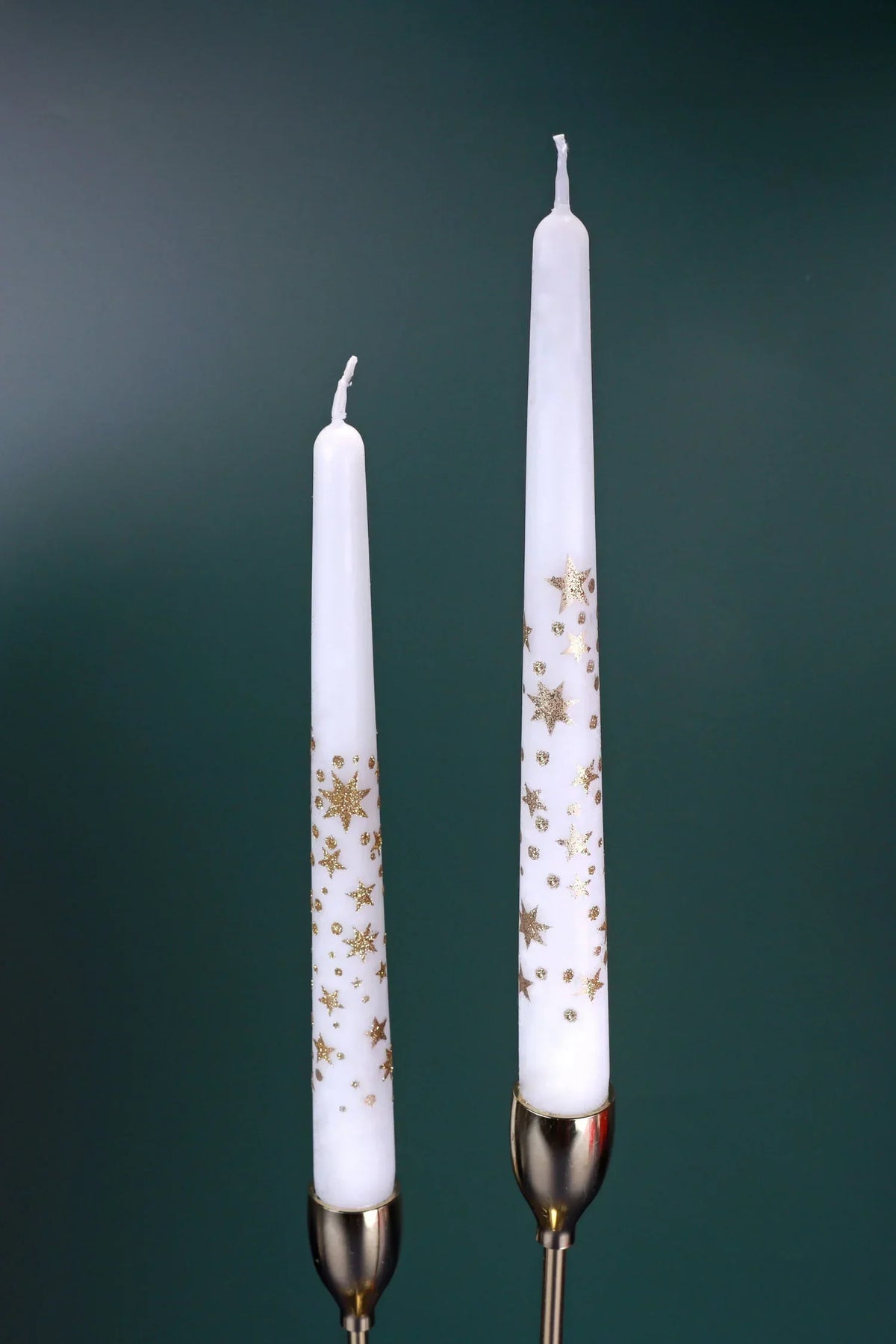 Starlit Pair of White Taper Candles with Gold Glitter Stars — close-up view, G Decor