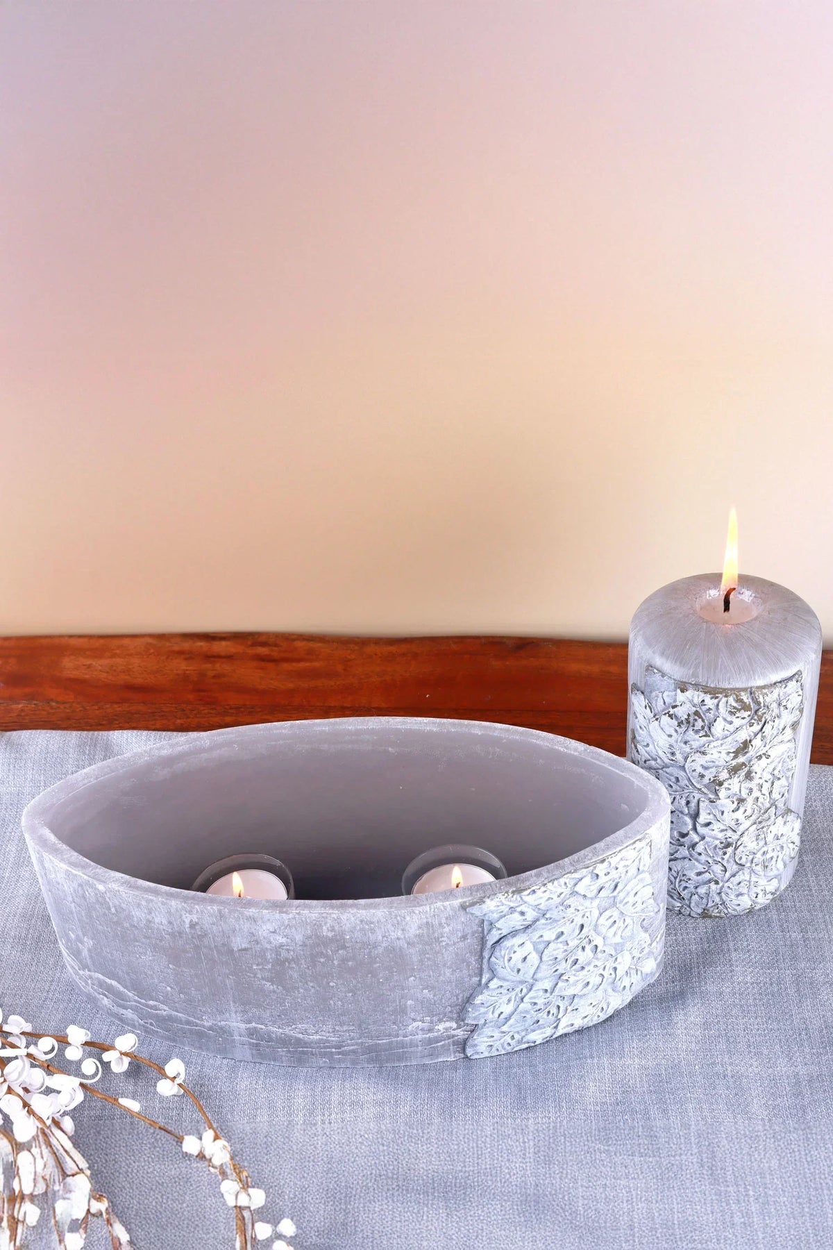 Cavella Carved Leaf Hand-Finished Grey Pillar Candle Centrepiece — view 8, G Decor