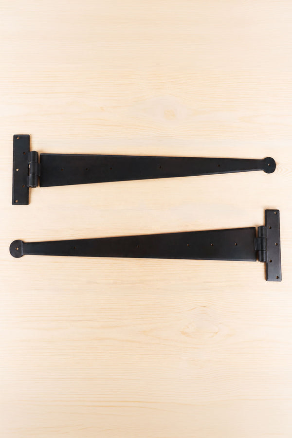 24″ Pair of Hand-Forged Penny End T Hinges in Beeswax Finish
