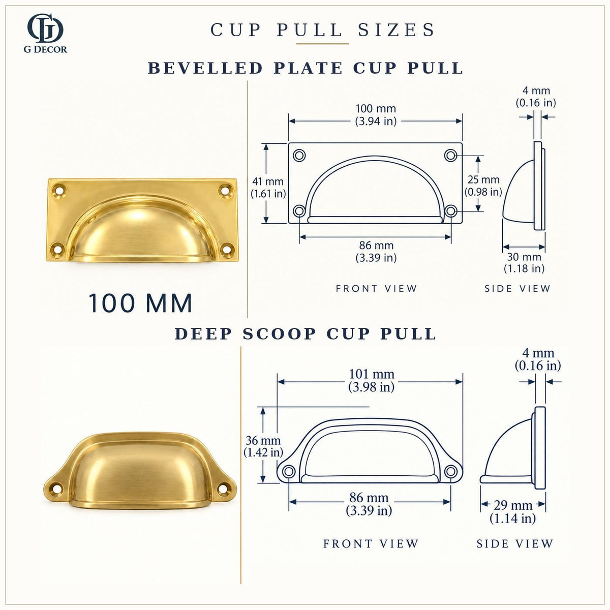 Size drawings of the aged brass bevelled plate and deep scoop cup pulls