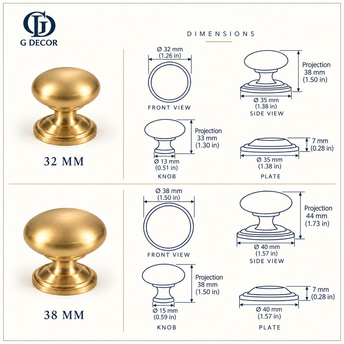 Size drawing of the aged brass bun cabinet knob in 32mm and 38mm