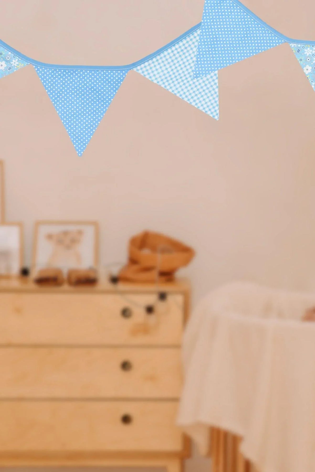 Blue and White Patterned Cloth Bunting — lifestyle view, G Decor