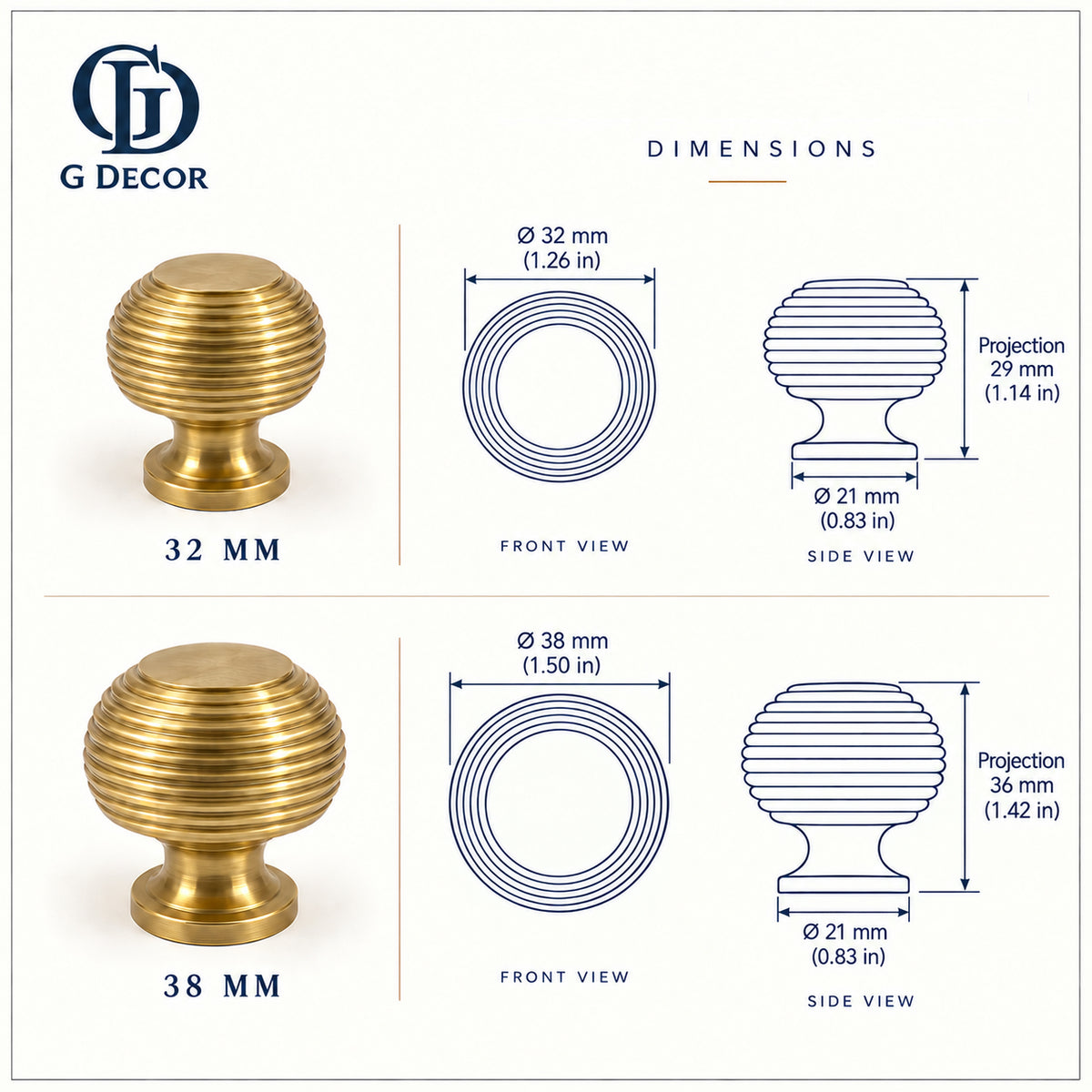 Size drawing: brass beehive cabinet knob
