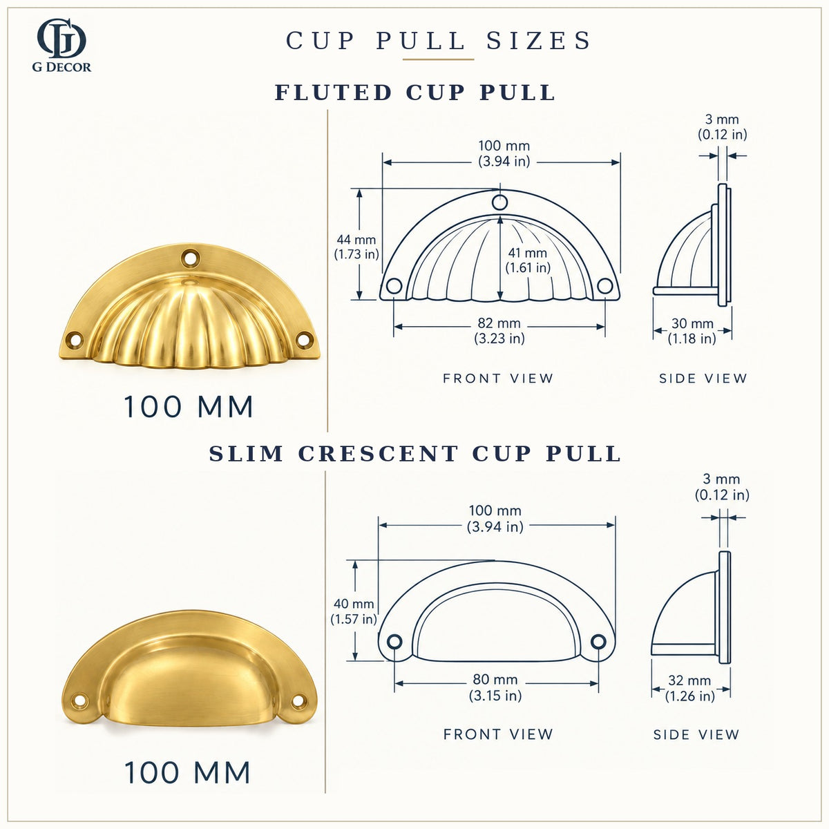 Size drawings: fluted and slim crescent cup pulls