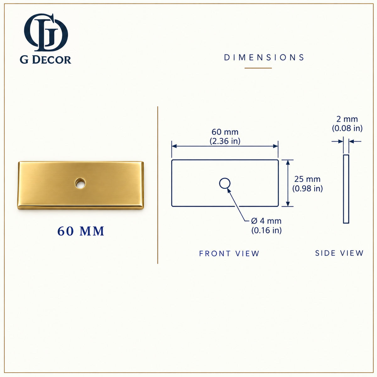 Size drawing: brass rectangle backplate 60x25mm