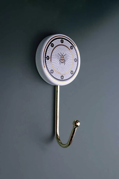 British Bee Tile Wall Hook in Black White and Gold with Brass