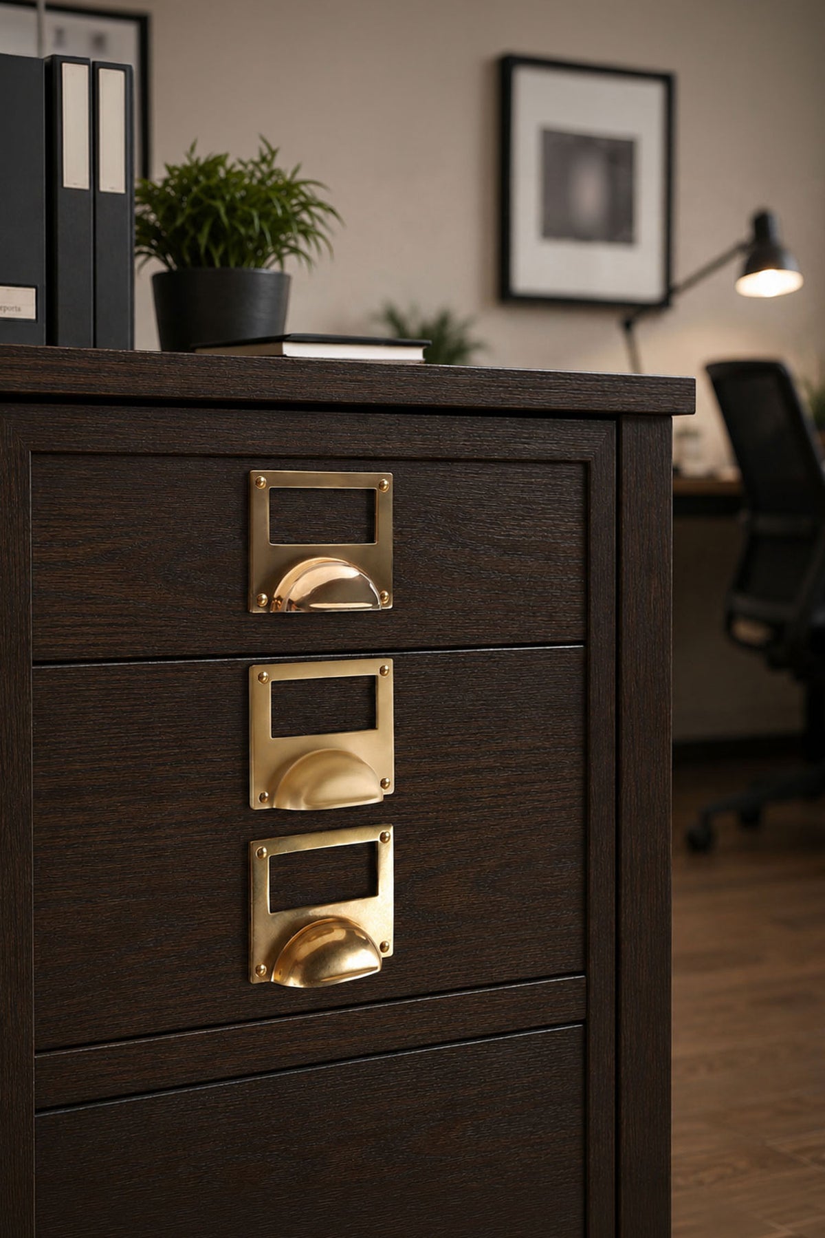 Card frame cup pull in polished, aged and satin brass