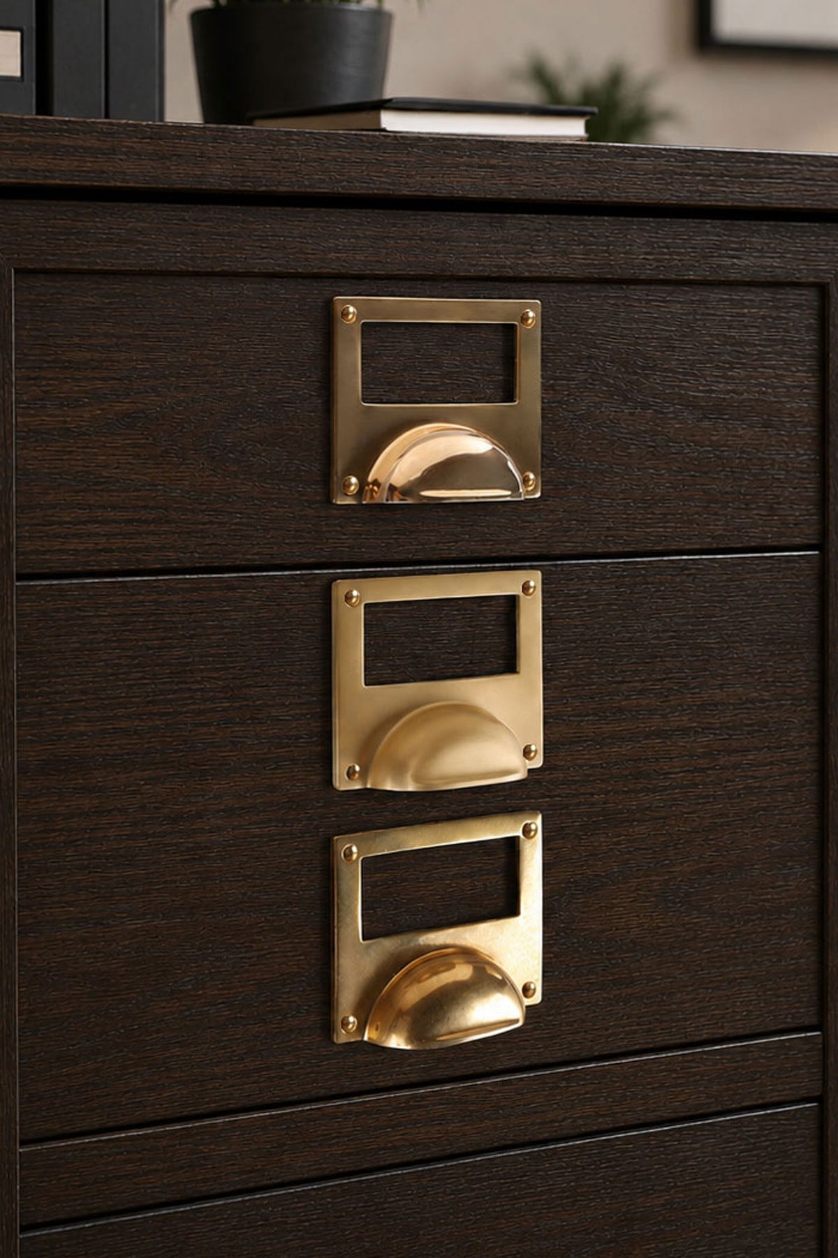 Card frame cup pull in polished, aged and satin brass, second view
