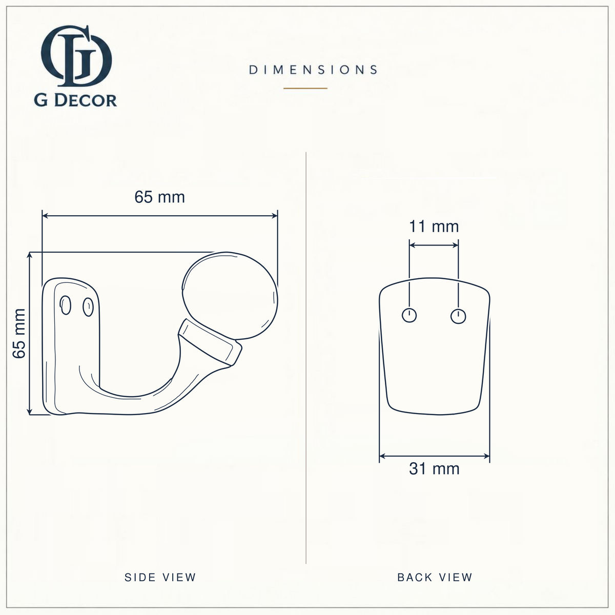 Size drawing of the ceramic ball hook: 65 mm tall, 65 mm out from the wall, back plate 31 mm wide, screw holes 11 mm apart