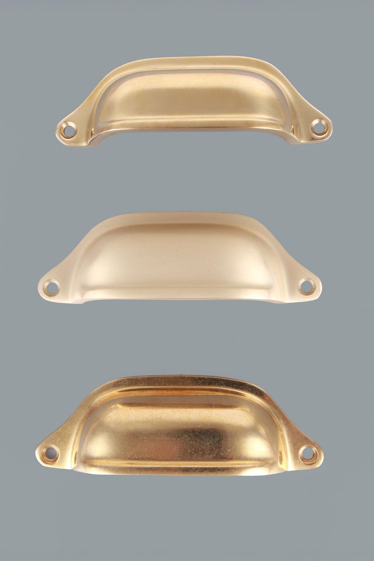 Deep scoop cup pull in polished, aged and satin brass, third view