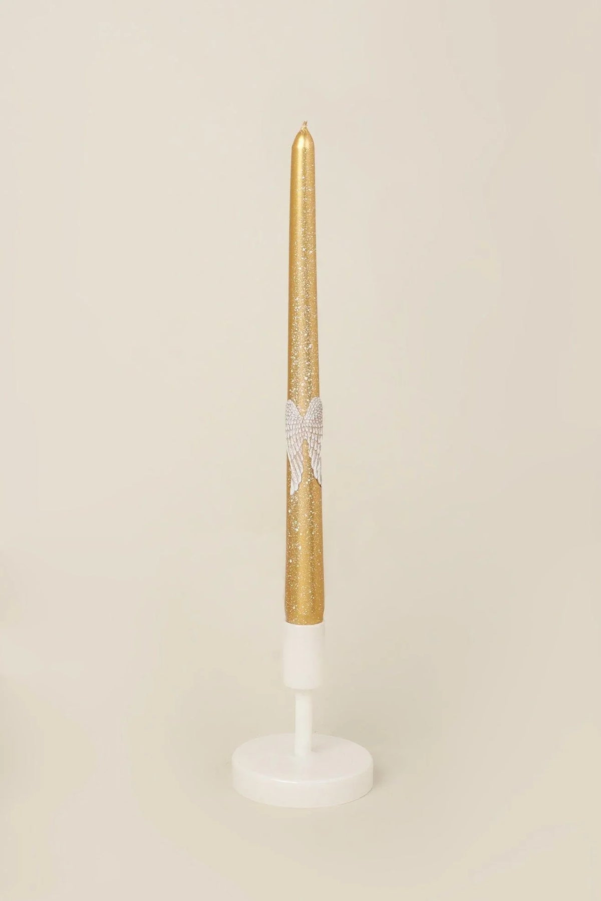Featheré Wings Pair of Gold Wax Taper Candles with Angel Wing Detail — close-up view, G Decor