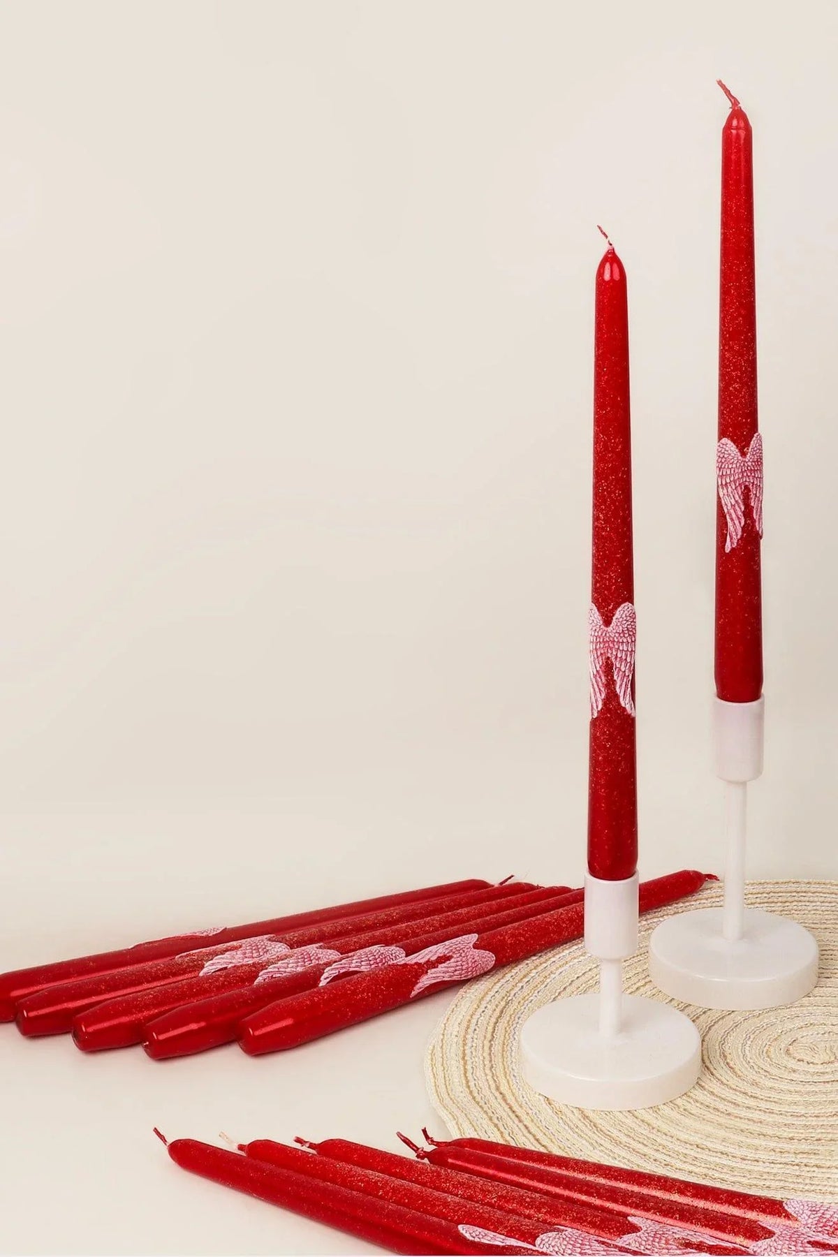 Featheré Wings Pair of Red Wax Taper Candles with Angel Wing Detail — G Decor