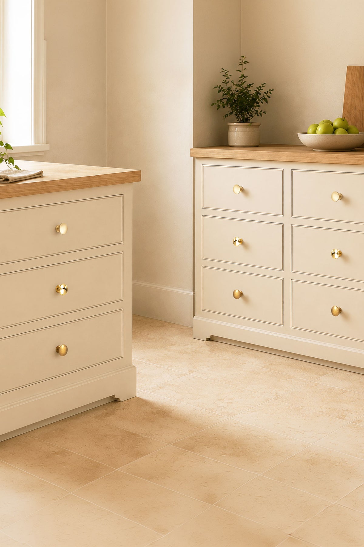 Flat top cabinet knob in polished, aged and satin brass, second view