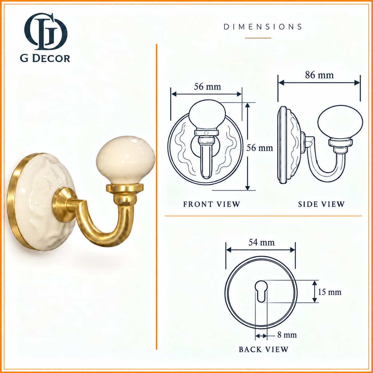 Size drawing of the floral ceramic wall hook: 56mm across and 56mm tall at the front, 54mm across the back, stands 86mm off the wall; keyhole slot 15mm by 8mm in the back