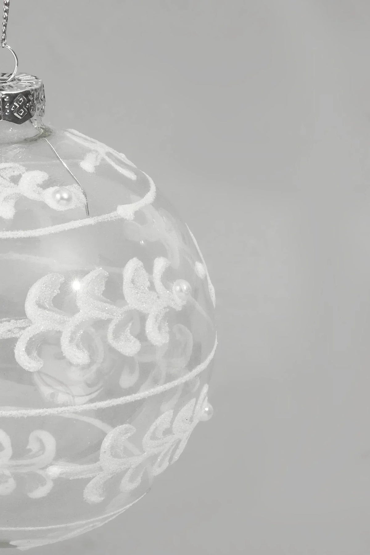 White Frost Sonata Hand-Painted Glass Christmas Bauble with Lacework — lifestyle view, G Decor