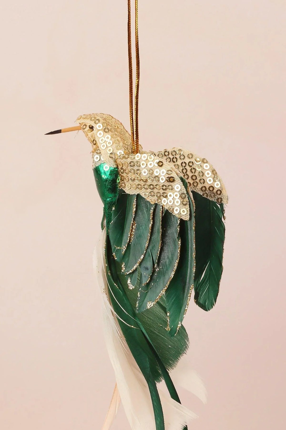 Gold Bird Christmas Tree Decoration with Sequins and Feathers — close-up view, G Decor