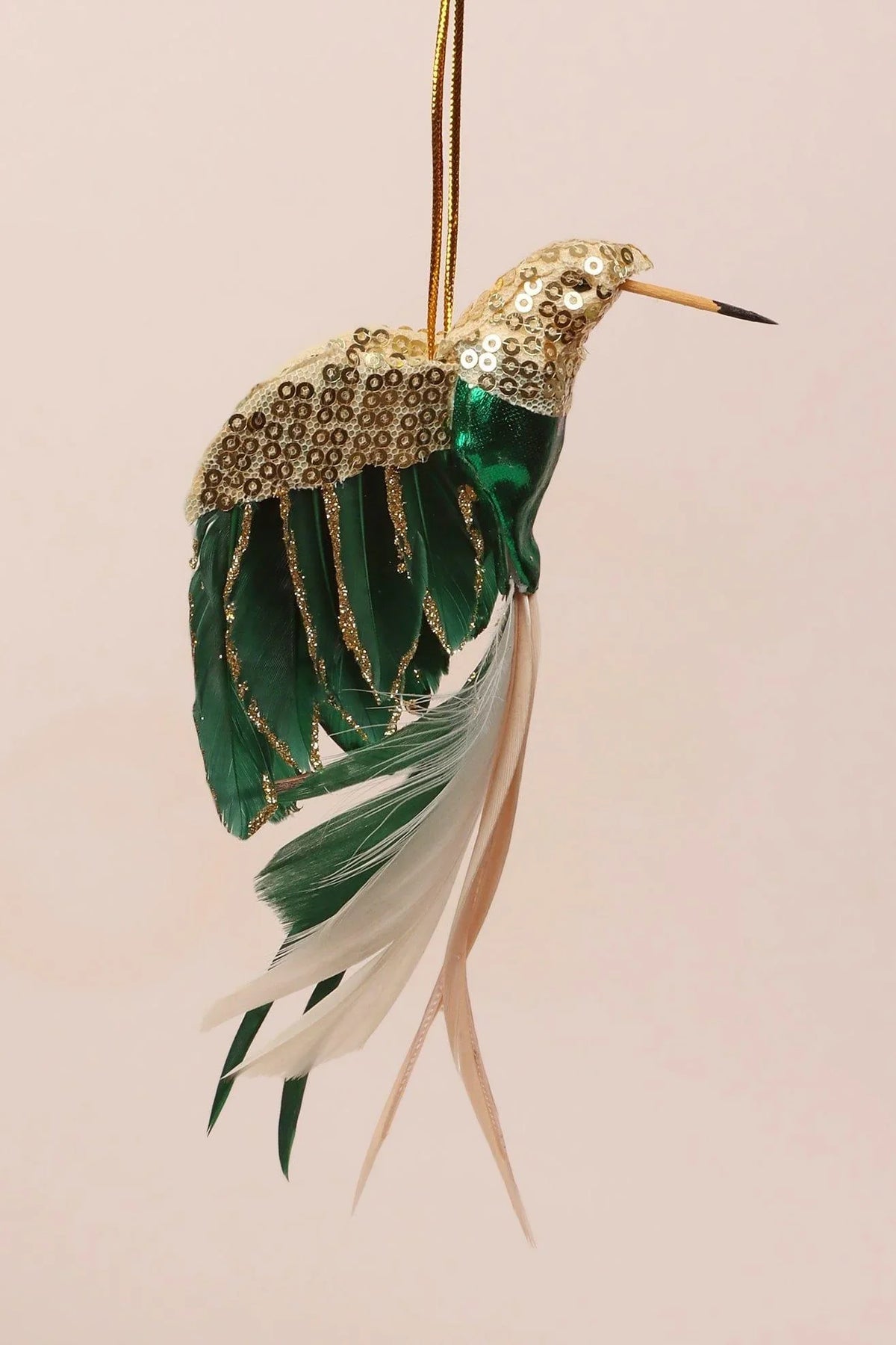 Gold Bird Christmas Tree Decoration with Sequins and Feathers — lifestyle view, G Decor
