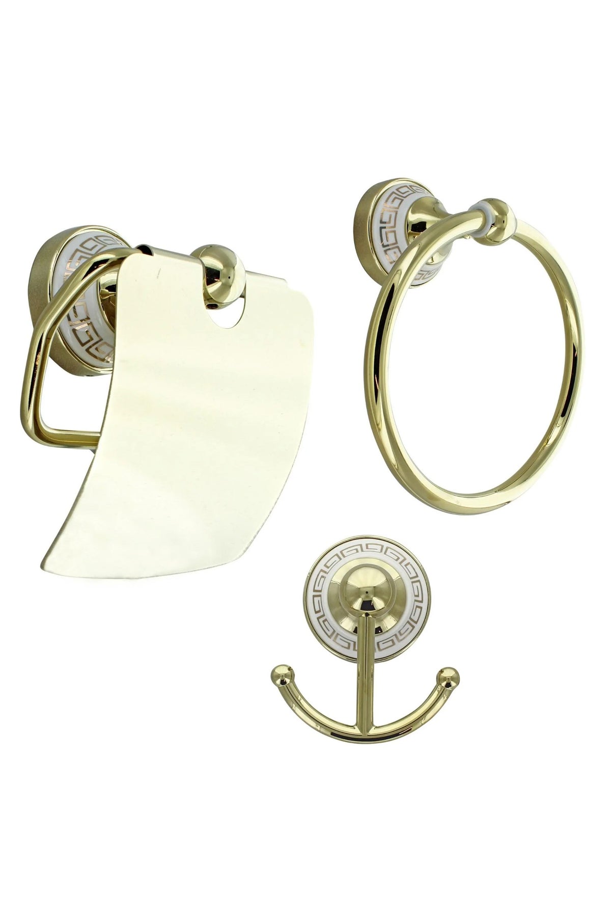 Gold bathroom accessories set on white: toilet roll holder with a curved cover, towel ring and double robe hook on white Greek key wall plates