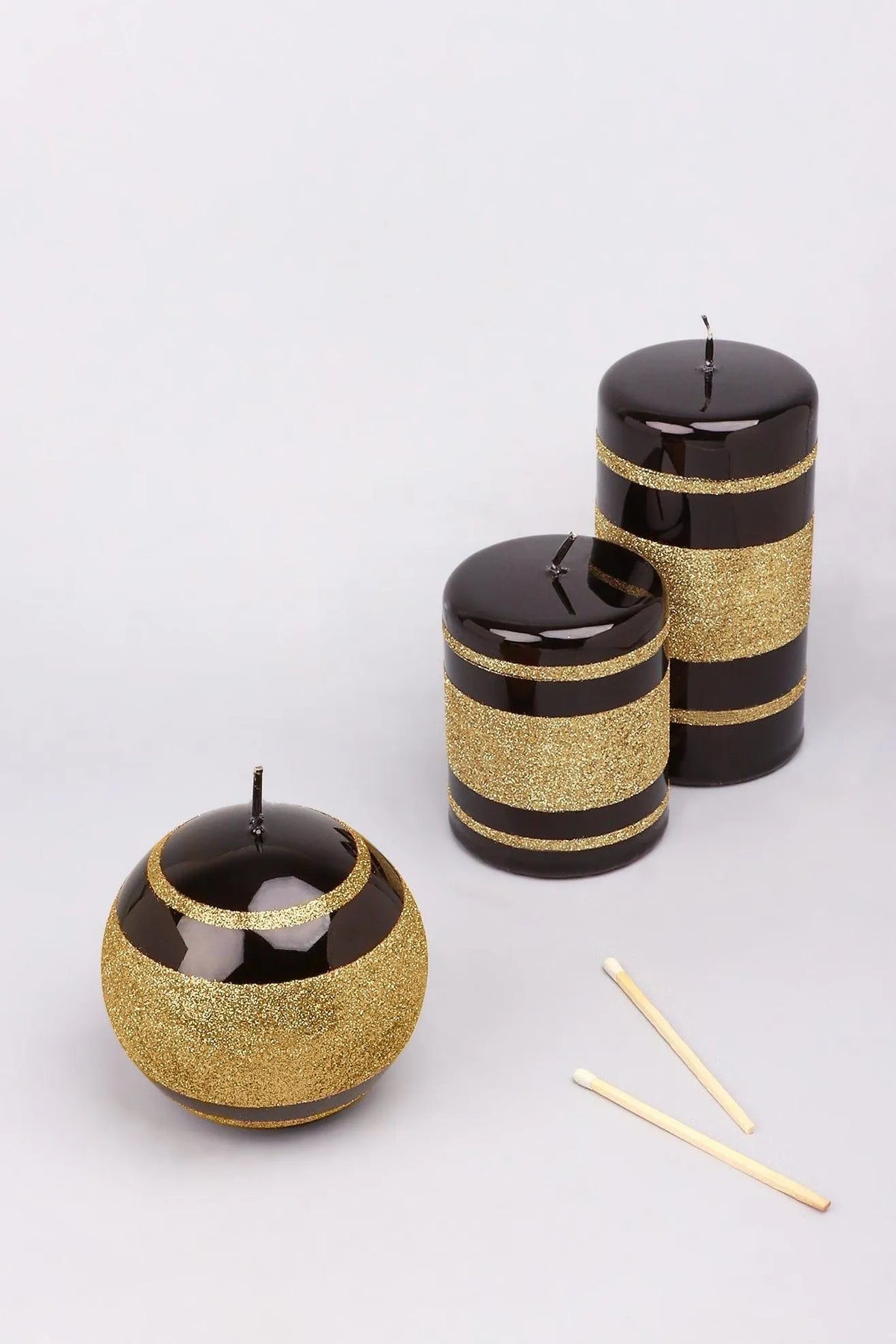 Clarae Mirror Glass Pillar and Ball Candles in Black and Gold Stripe — G Decor
