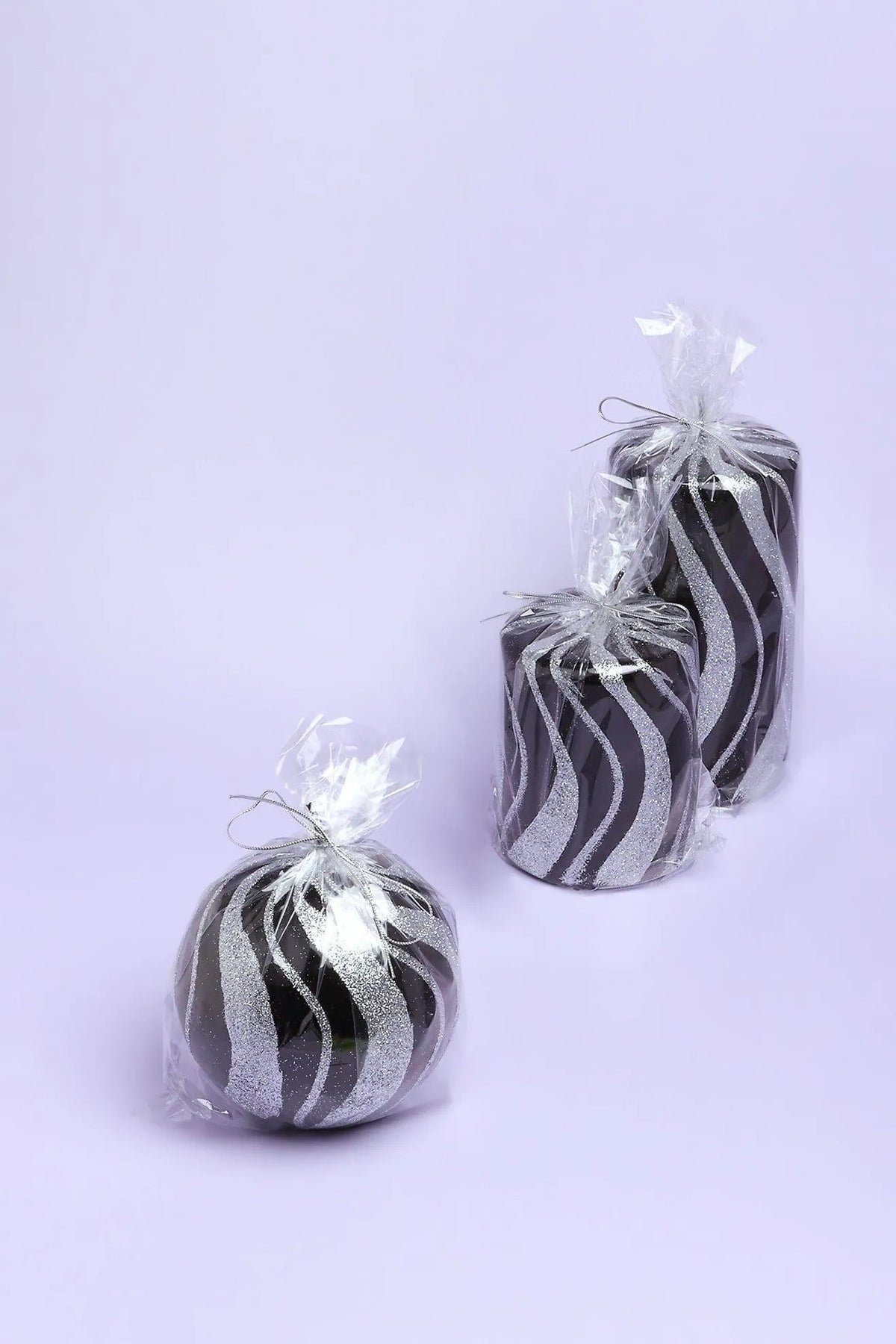 Mirror Glass Pillar and Ball Candles in Black and Silver Glitter — view 6, G Decor