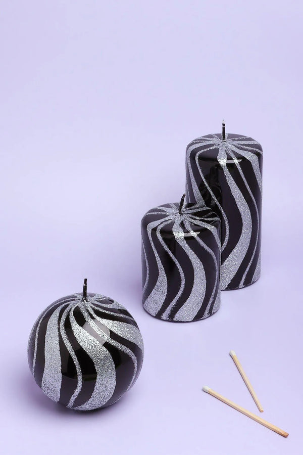 Mirror Glass Pillar and Ball Candles in Black and Silver Glitter
