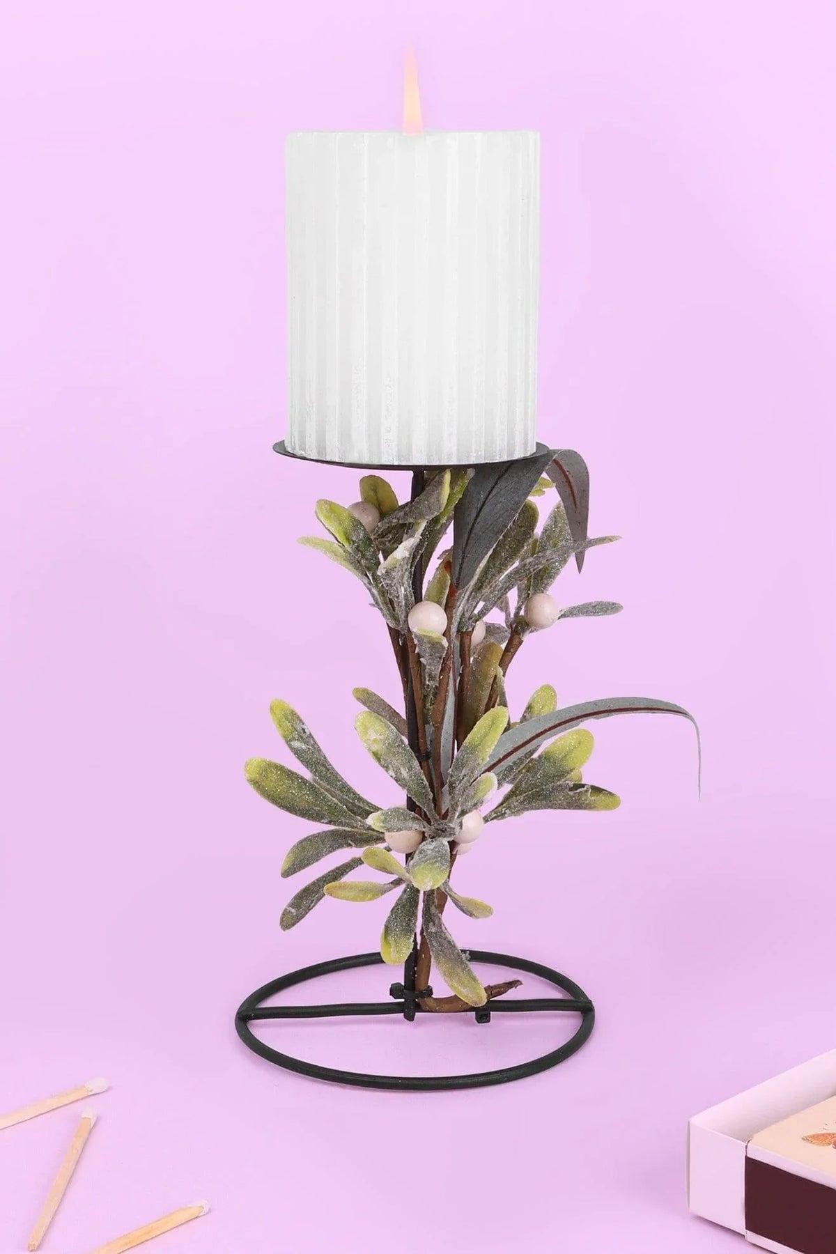 Mistletoe Tall Pillar Candle Holder with Frosted Leaves and Berries — G Decor