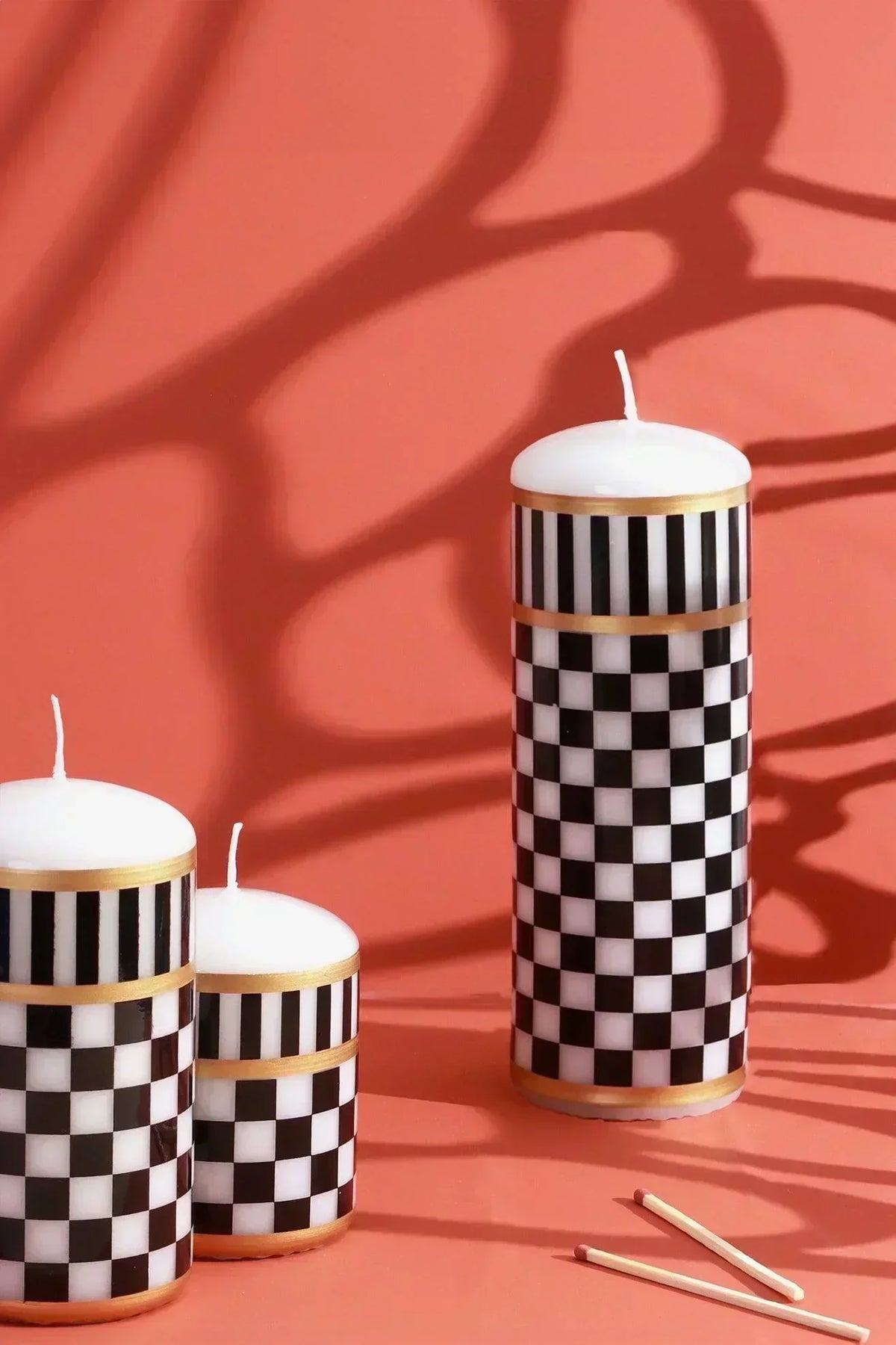 Monochrome Check Luxe Pillar Candle in Black and White with Gold — G Decor