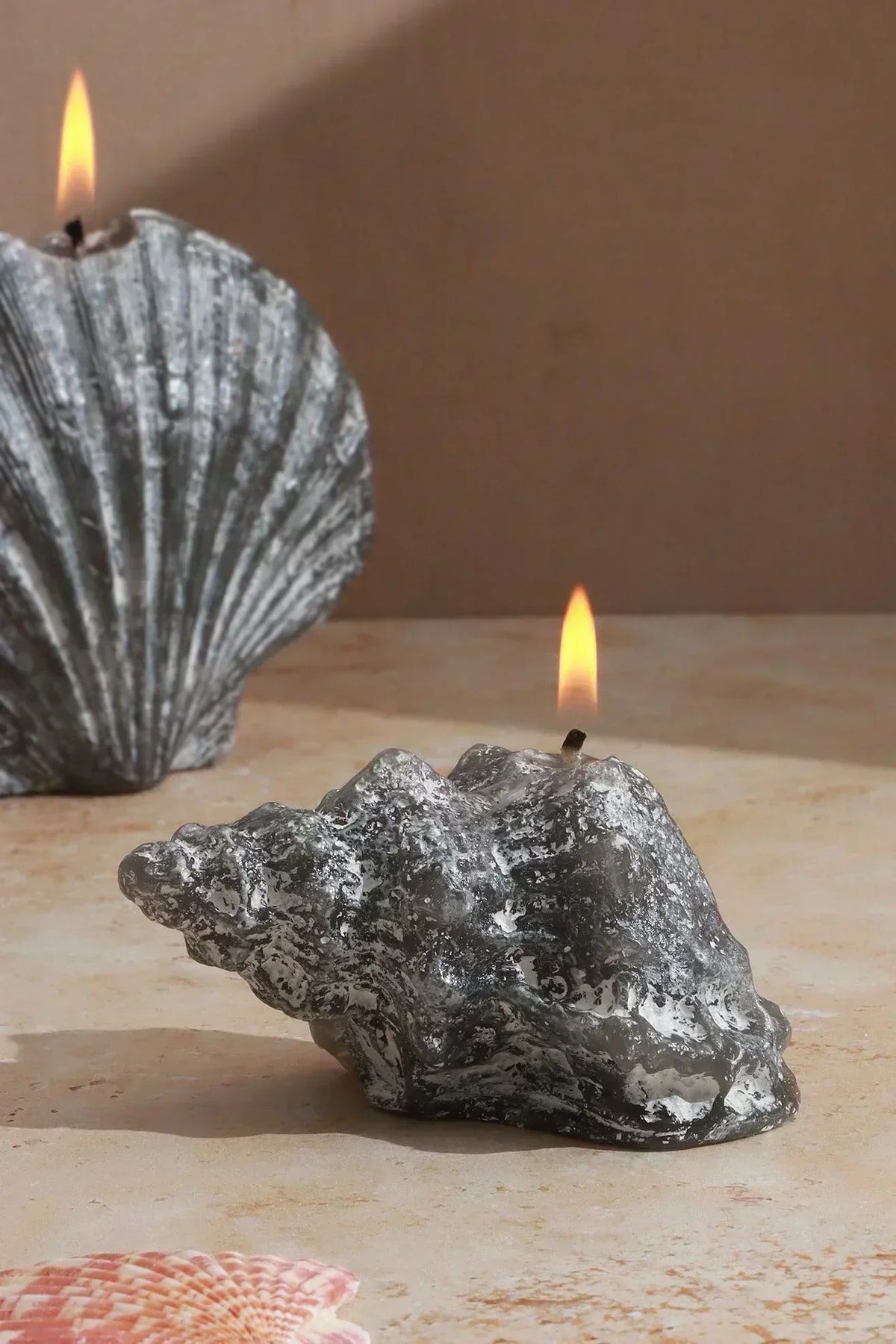 Ocean Tides Coastal Shell Scented Candle in Grey — close-up view, G Decor