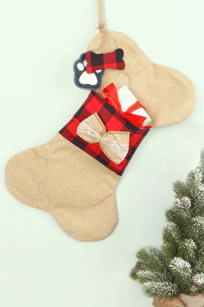 Chaussette de Noël pour chien Pawfect Surprise en jute crème et carreaux rouges